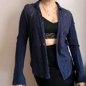 Navy Button Down Shirt with Floral Embroidery